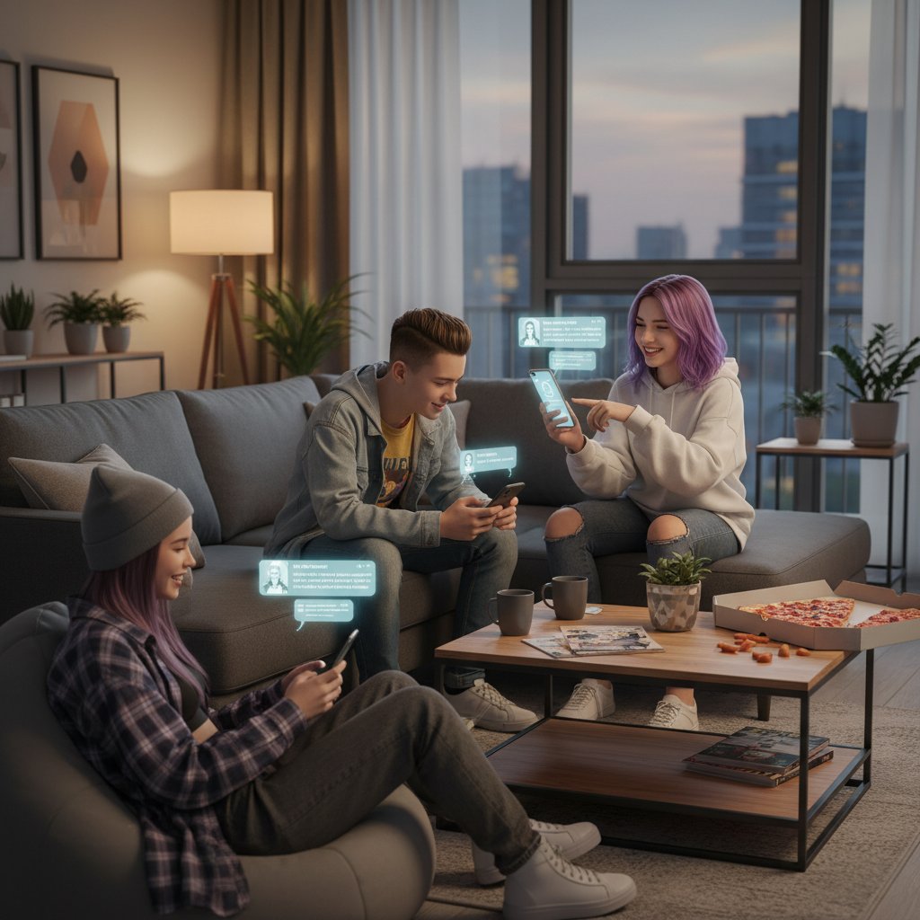 Polscy nastolatkowie rozmawiający z AI w domowym zaciszu, smartfony, miejski klimat