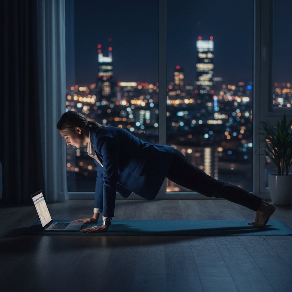 Kobieta w garniturze trenująca plank na macie w salonie, noc, laptop, światła miasta