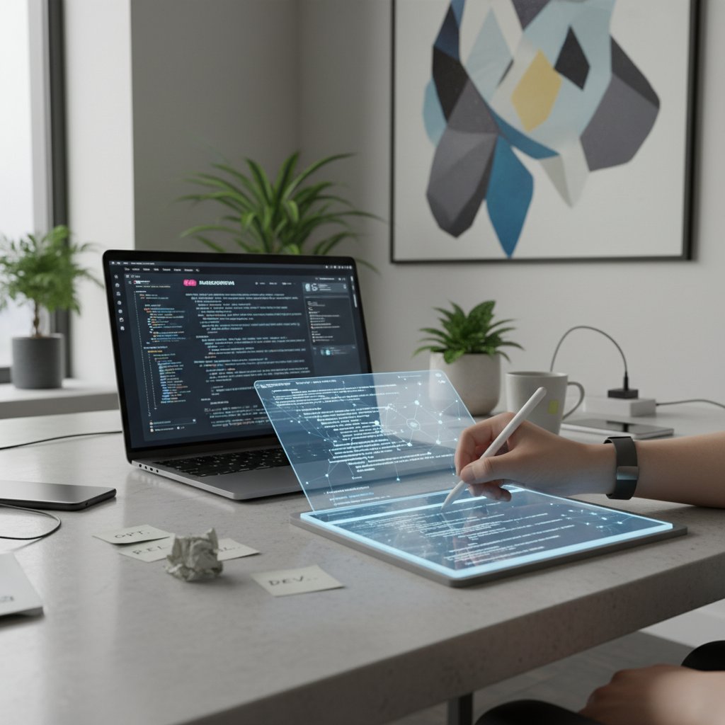 Nowoczesne biuro z laptopem, na którym widoczny jest tekst generowany przez AI, ręka z długopisem nad notatnikiem i kod cyfrowy w tle