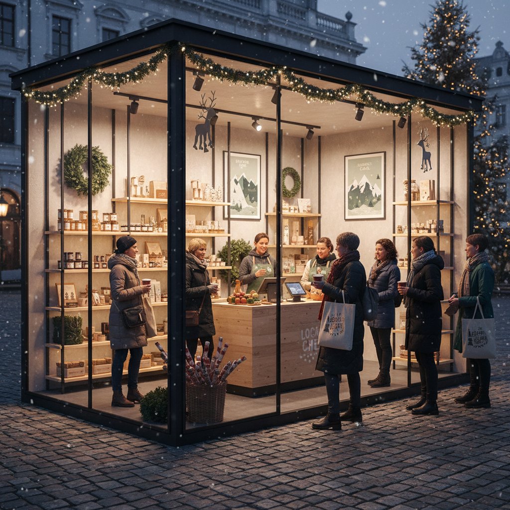 Nowoczesny pop-up store z lokalnymi świątecznymi produktami i klientami