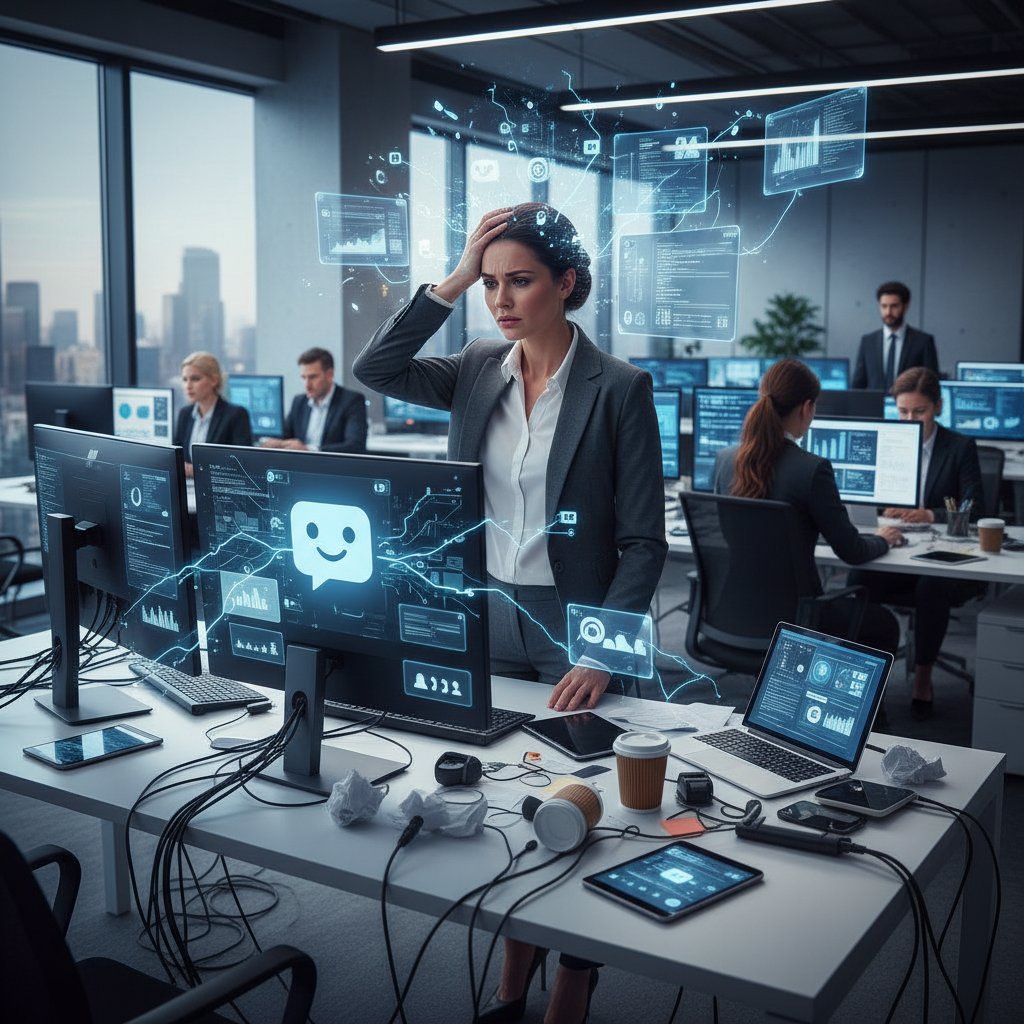 Modern professional overwhelmed by digital tasks and chatbots, symbolizing chaos of multitasking