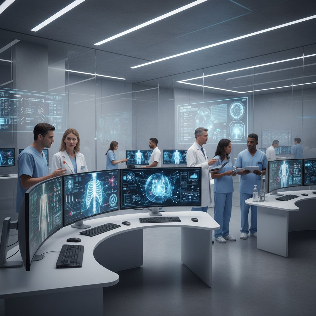 Nowoczesna pracownia radiologiczna, ekrany z obrazami, interakcja człowieka z AI