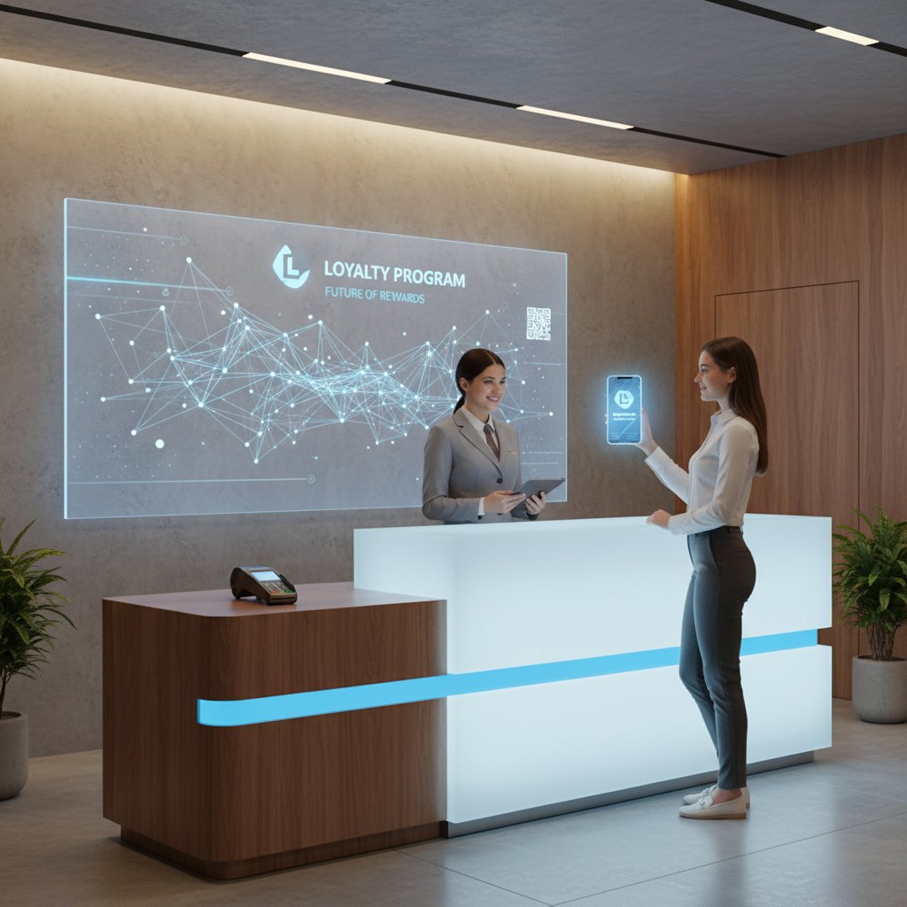 Nowoczesna recepcja, klientka odbiera kartę lojalnościową, w tle widać stanowisko digitalizacji usług