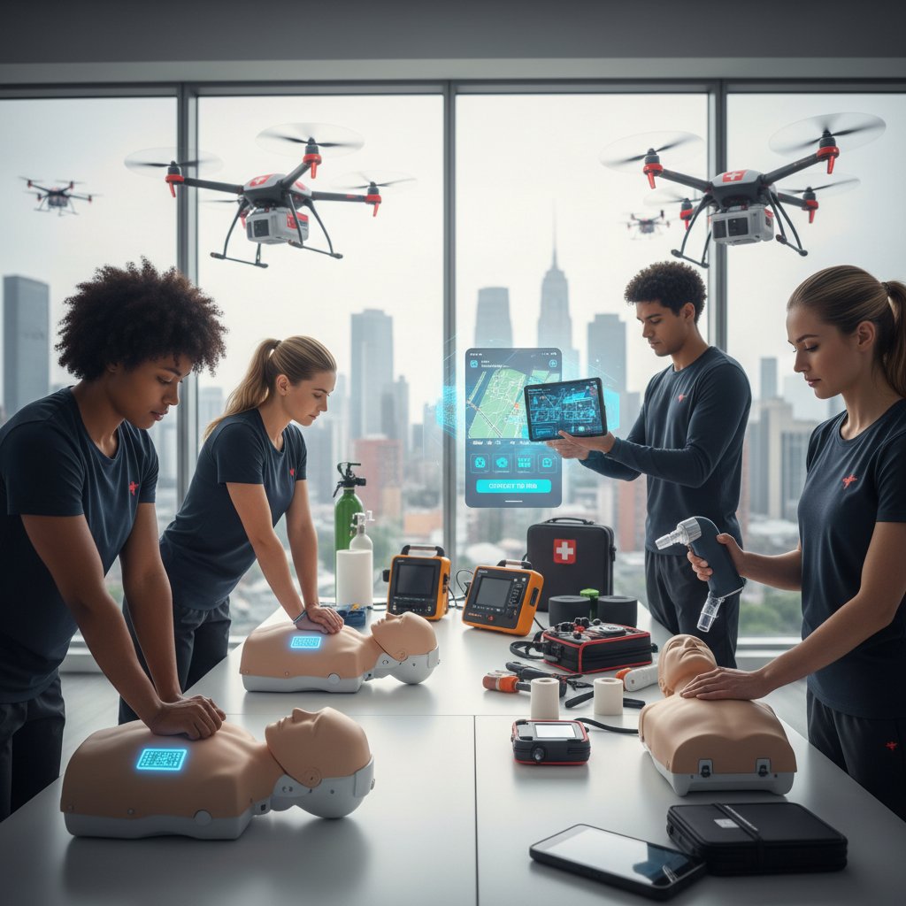 Nowoczesne urządzenia ratownicze i aplikacje mobilne na stole podczas warsztatów pierwszej pomocy