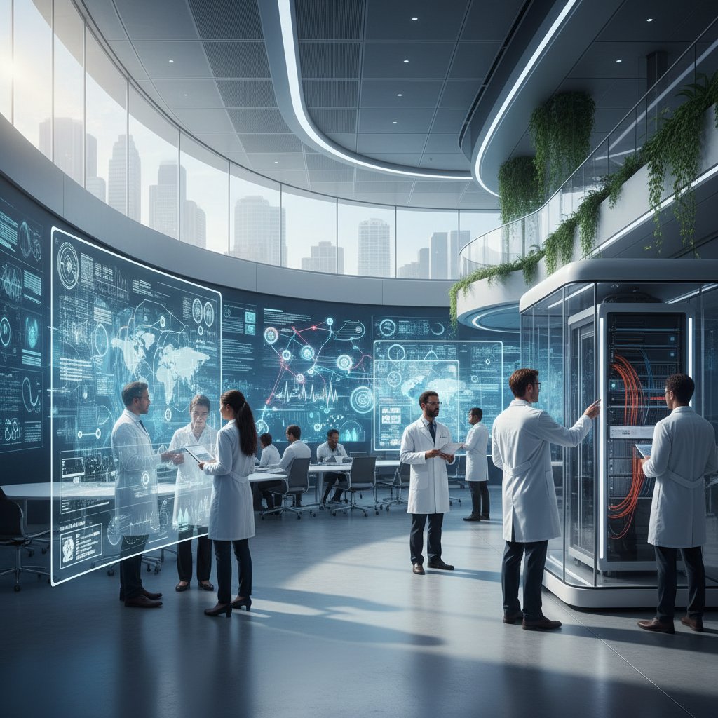 Nowoczesne centrum badawcze, zespół naukowców analizuje dane zdrowotne na dużym ekranie