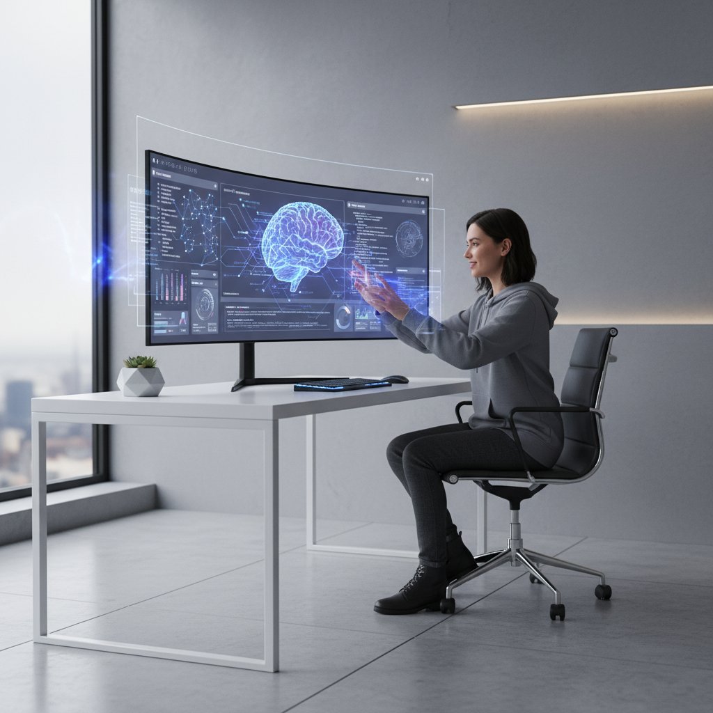 Modern researcher using AI-powered software in a bright, minimalist workspace, representing the new reality of academic review in 2025