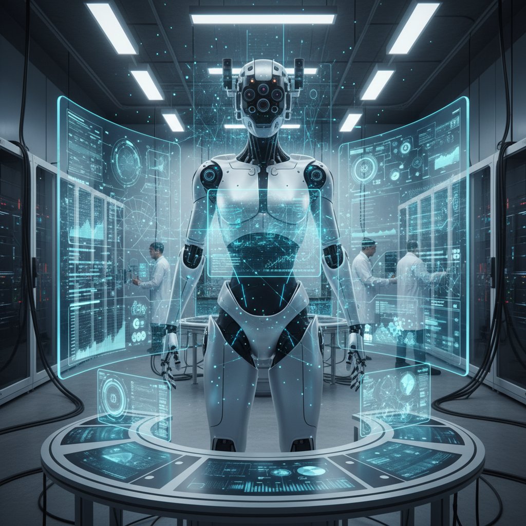 Nowoczesny robot z kamerami i sensorami badający otoczenie w laboratorium pełnym danych