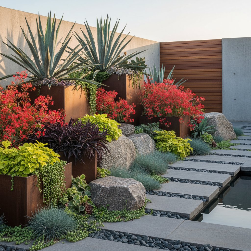 Nowoczesny skalniak z nietypowymi roślinami w ogrodzie