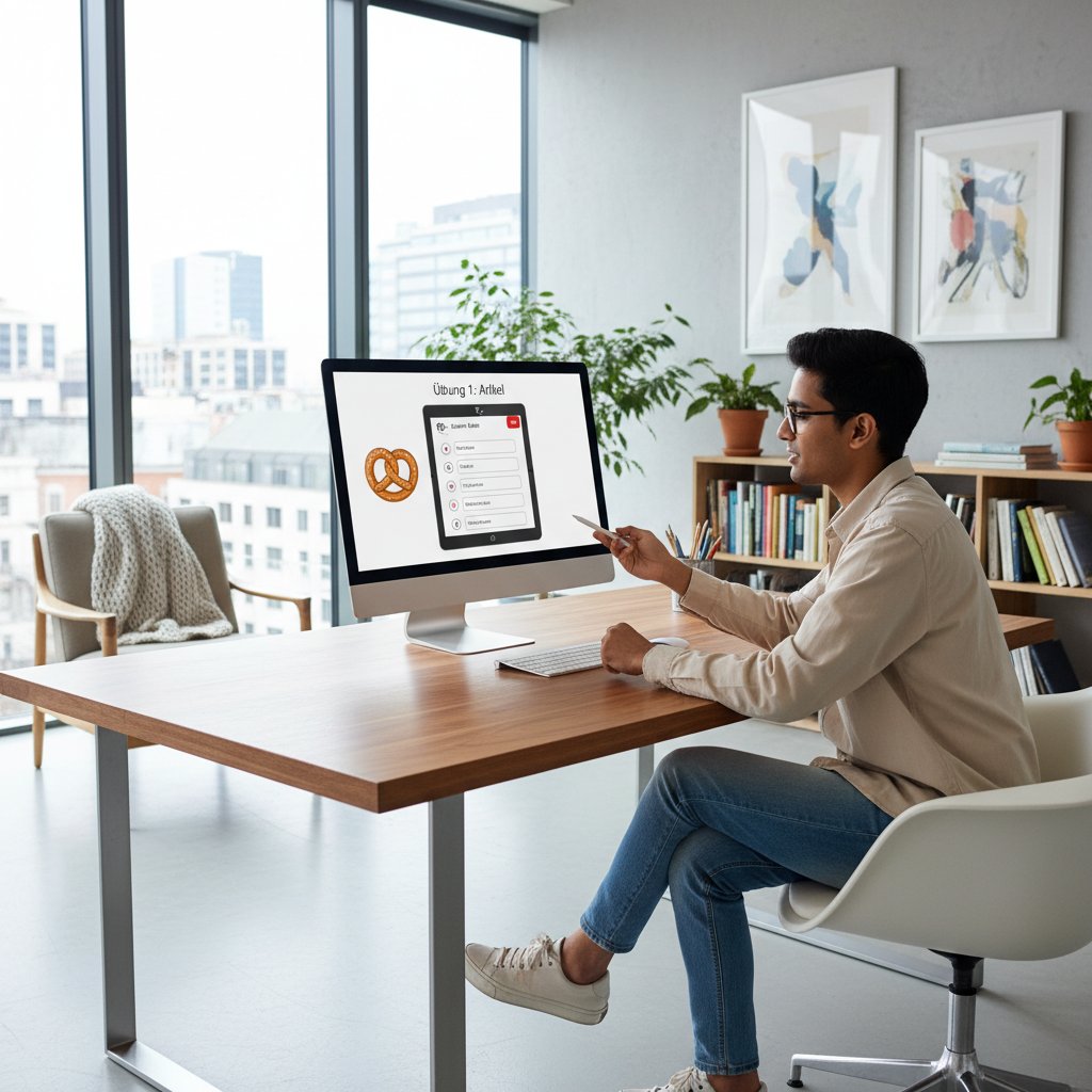 Nowoczesny pokój z komputerem, niemiecki korepetytor online, ekrany z cyfrowymi ćwiczeniami