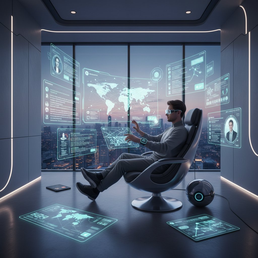 Nowoczesny pokój z osobą korzystającą z różnych urządzeń do czatów online, atmosfera przyszłości i technologii