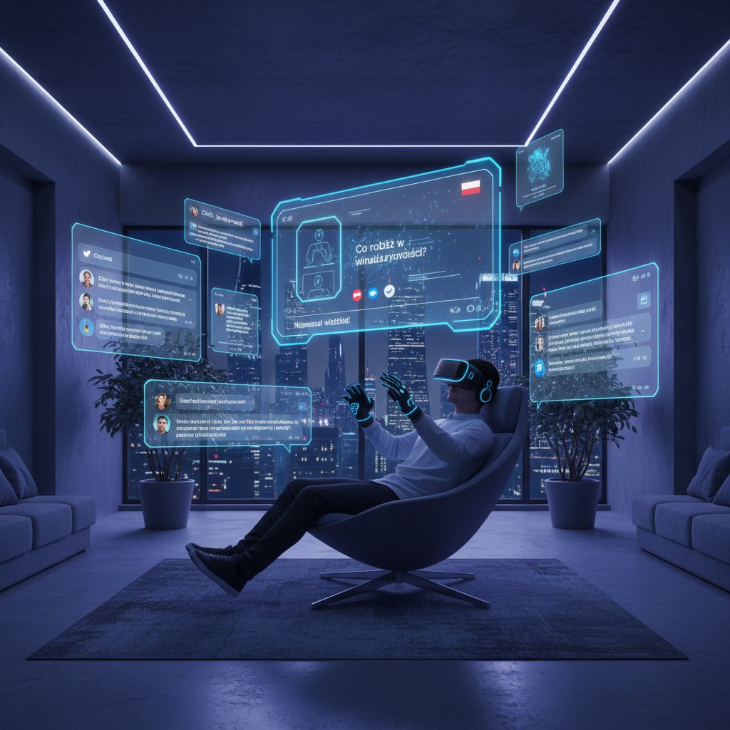 Nowoczesny pokój z VR i ekranami czatu online w polskim języku
