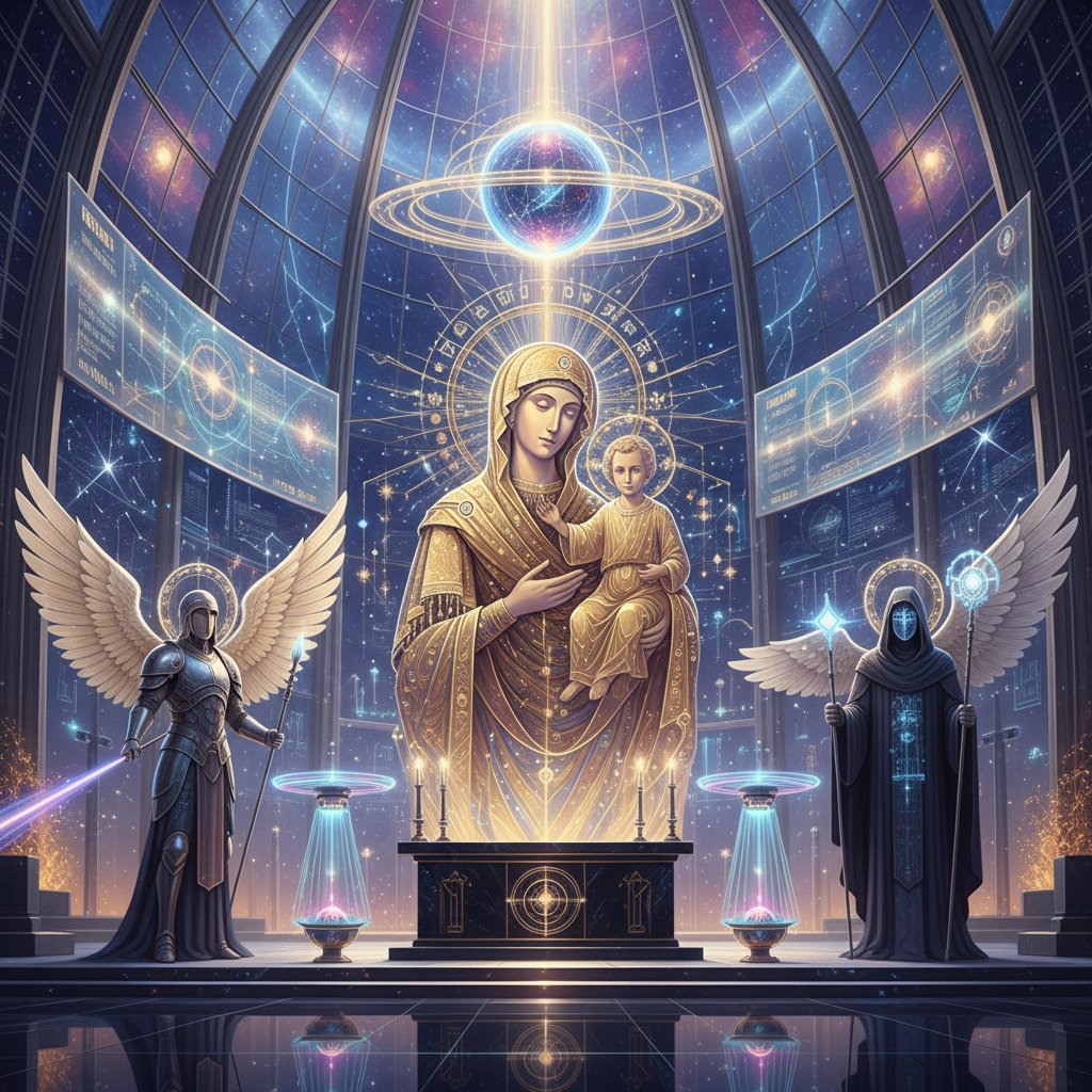 Nowoczesny obraz sakralny wygenerowany przez AI, połączenie klasyki i futurystycznej estetyki