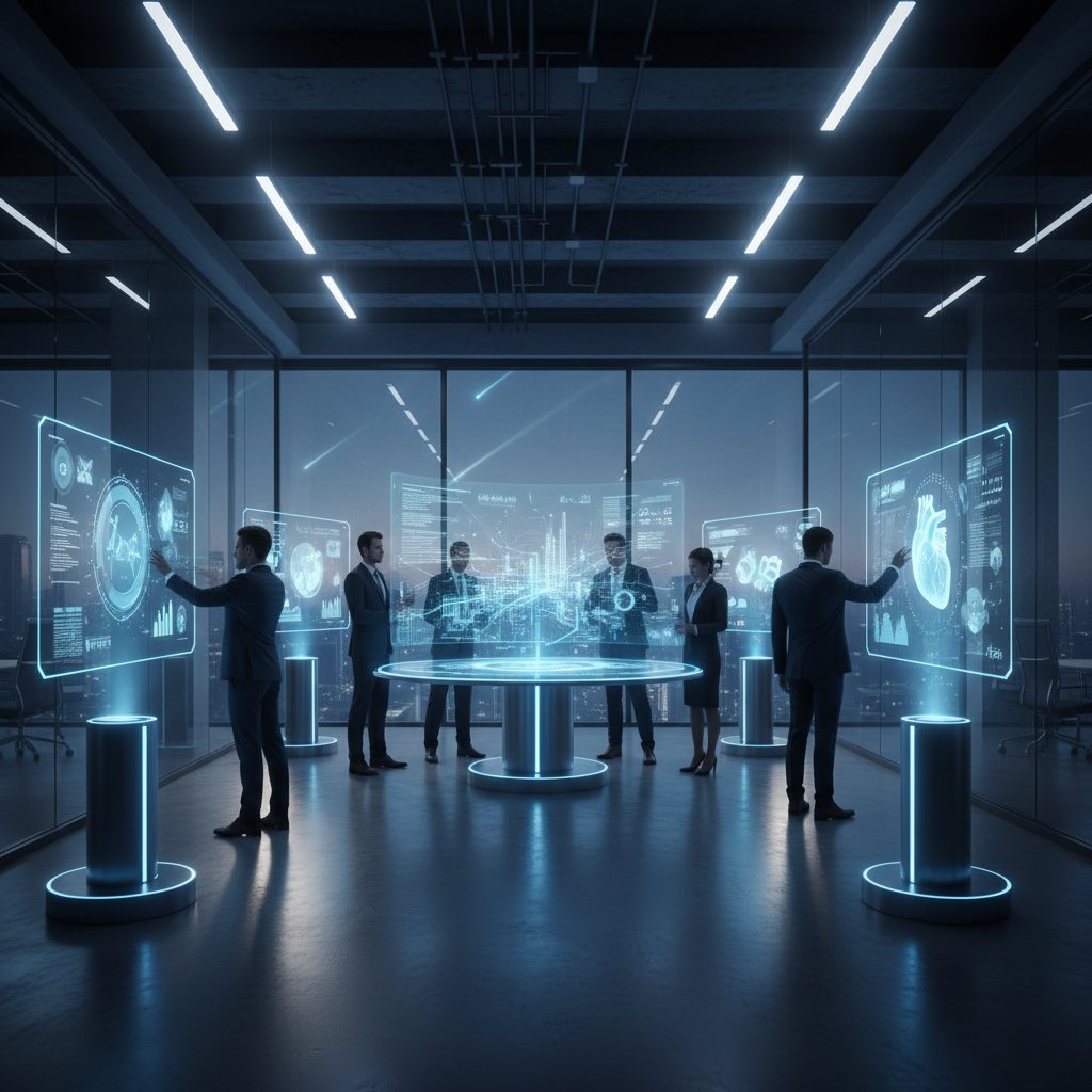 Nowoczesne biuro sprzedaży z zespołem ludzi i hologramami AI, symbolizujące automatyzację
