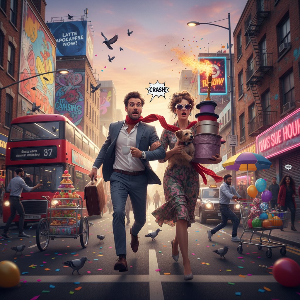 Modern screwball comedy in action, colorful city scene, comedic chaos, energetic, highlighting modern screwball comedy movies