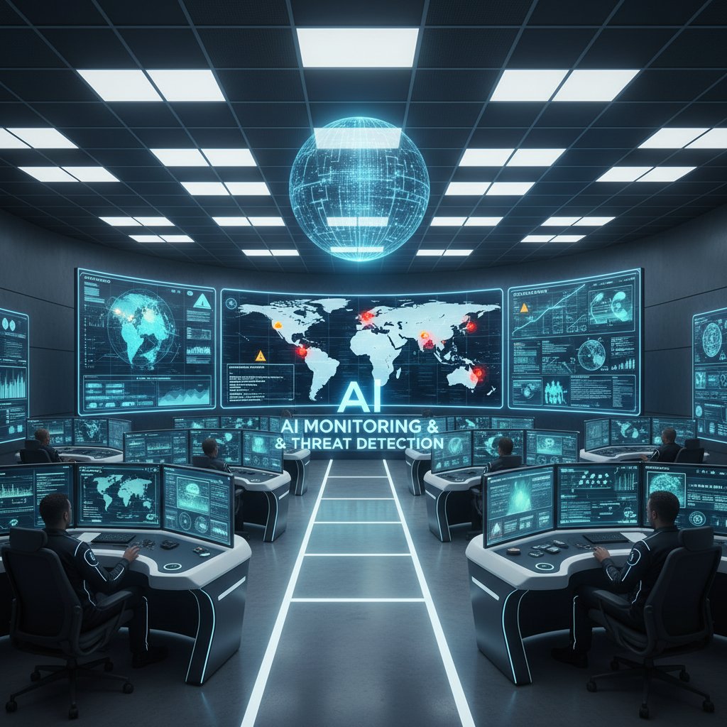 Nowoczesne centrum zarządzania bezpieczeństwem AI, specjaliści pracują nad monitorowaniem zagrożeń