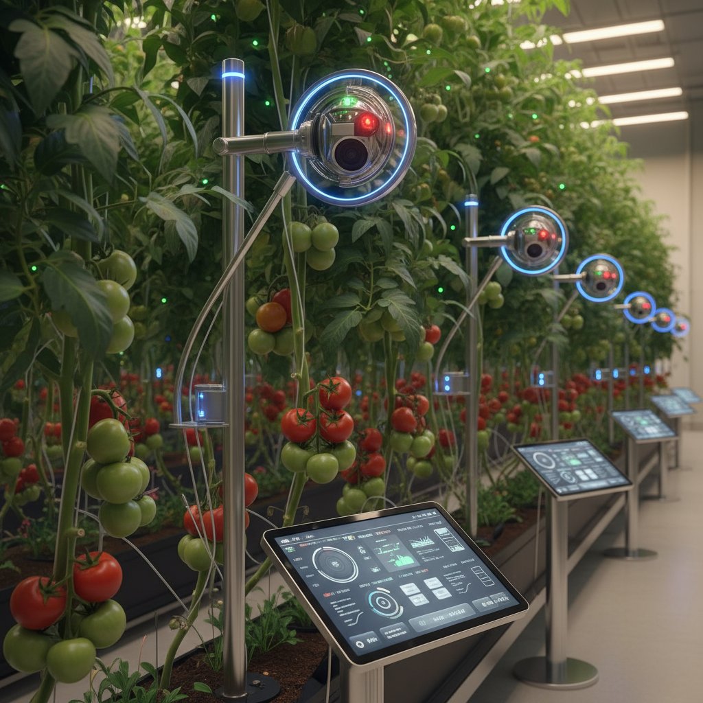 Zbliżenie na nowoczesne czujniki automatycznego systemu wśród pomidorów