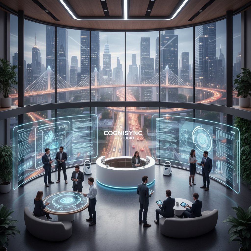 Nowoczesne studio usługowe z AI i klientami w centrum miasta