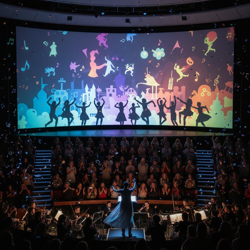 Modern shadow cast group performing a musical scene, colorful energetic photo, lively audience, movie shadow cast movies keywords