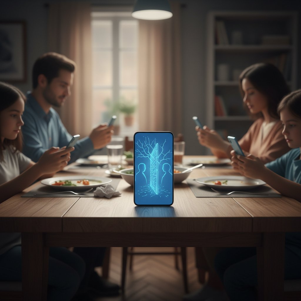 Nowoczesny smartfon na stole rodzinnym, ekran świeci, rozdzielenie rodziny, narcystyczny ojciec