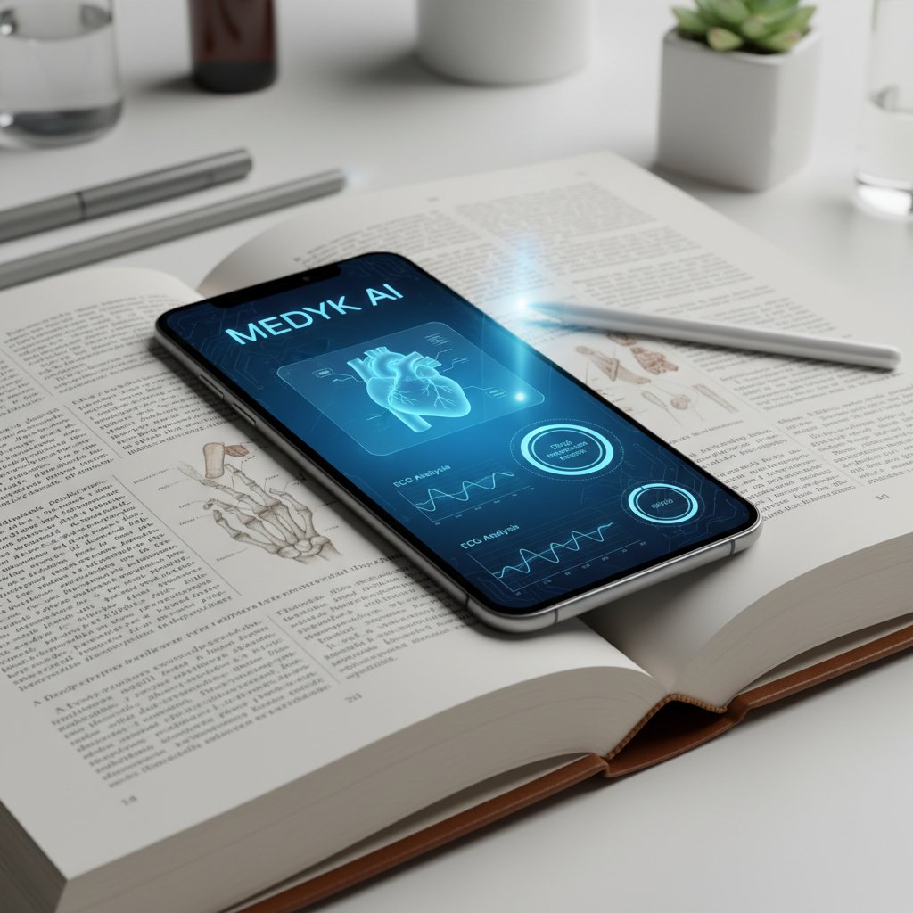 Aplikacja do edukacji zdrowotnej na telefonie przy książce medycznej, ciepłe światło