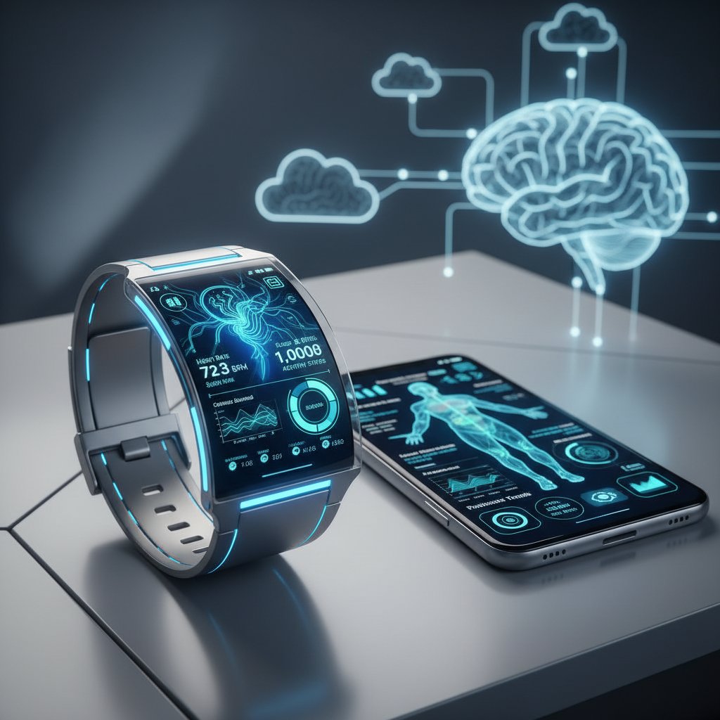 Nowoczesny smartwatch i smartfon z aplikacją zdrowotną, młoda osoba analizuje dane zdrowotne, futurystyczna scena