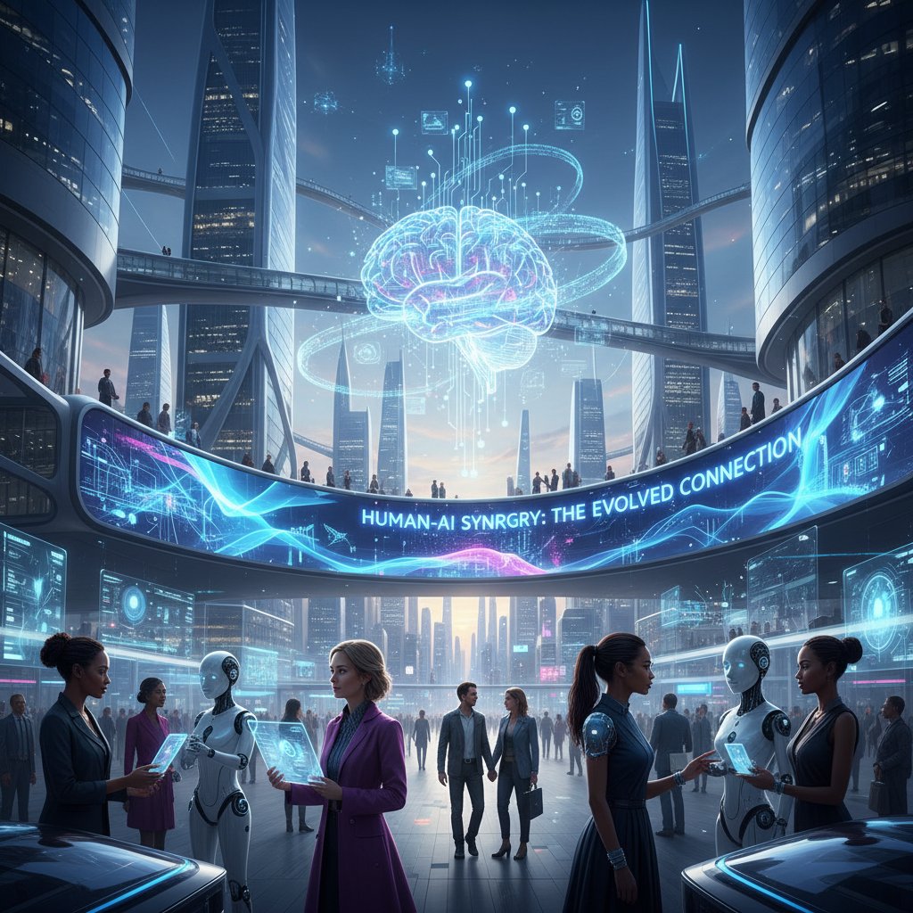 Nowoczesne społeczeństwo korzystające z AI, relacje międzyludzkie, słowa kluczowe przyszłość AI relacje