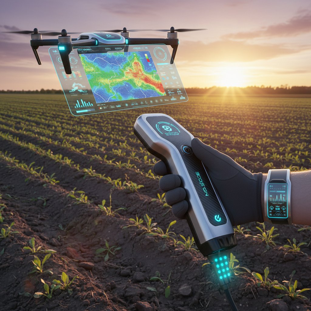 Nowoczesny analizator gleby w dłoni rolnika, dron nad polem, widoczne dane na ekranie