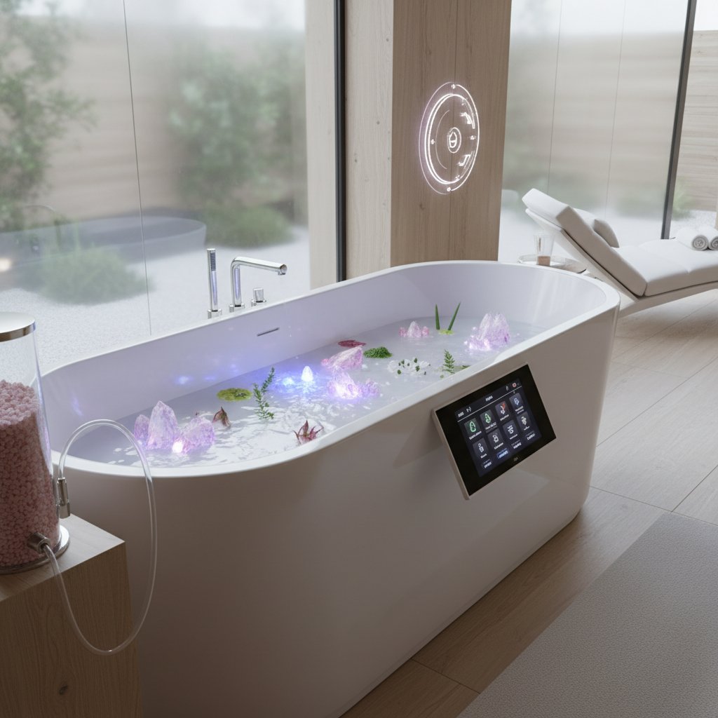 Nowoczesne spa – wanna z ekranem dotykowym, personel ustawiający parametry kąpieli solankowej