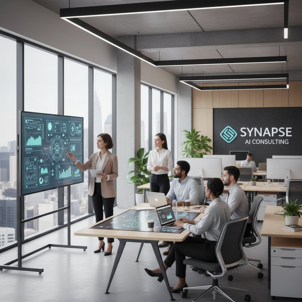 Nowoczesne biuro startupowe, zespół korzysta z różnych urządzeń, konsultant i AI współpracują przy jednym projekcie