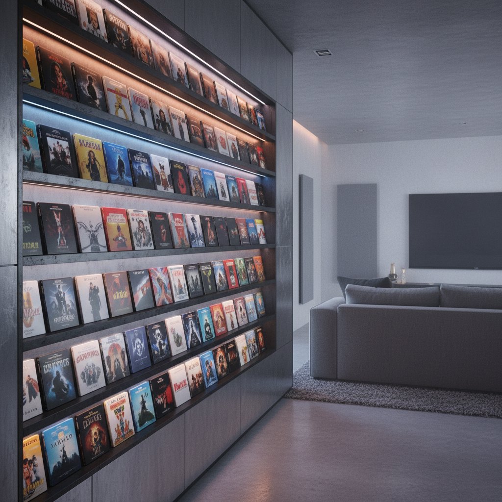 Modern steelbook display wall with LED lighting, showcasing a curated collection in a stylish living space.