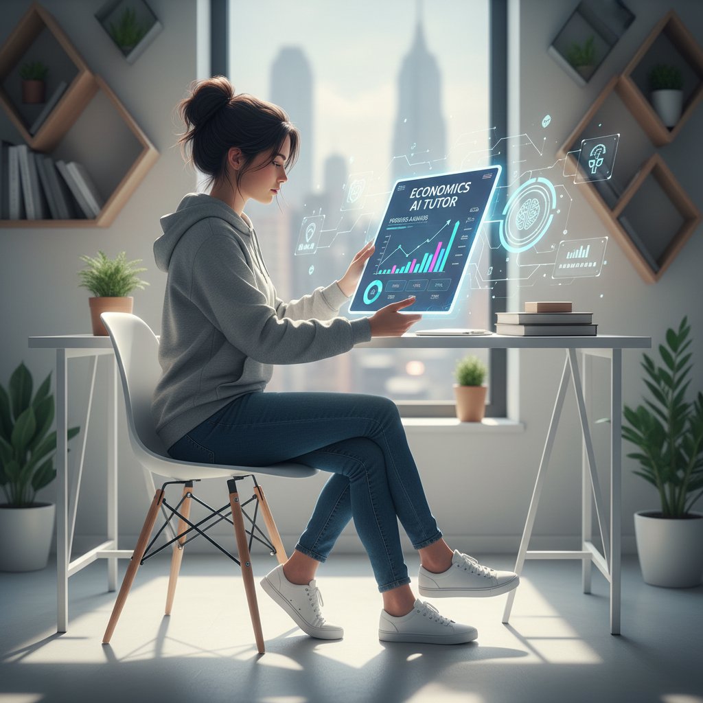 Nowoczesny uczeń korzystający z aplikacji AI do nauki ekonomii, wyświetlacz z analizą postępów