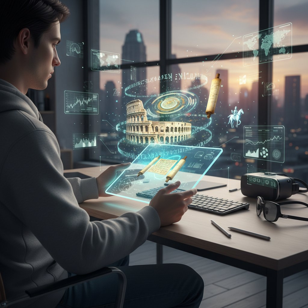 Nowoczesny uczeń korzystający z tabletu, holograficzne obrazy historyczne i cyfrowe narzędzia edukacyjne