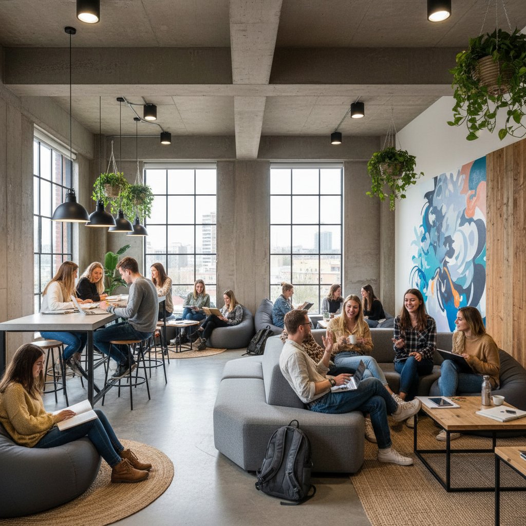 Nowoczesny wspólny pokój w hostelu studenckim, młodzi ludzie przy stole, żywa atmosfera, słowa kluczowe: hostel studencki, atmosfera