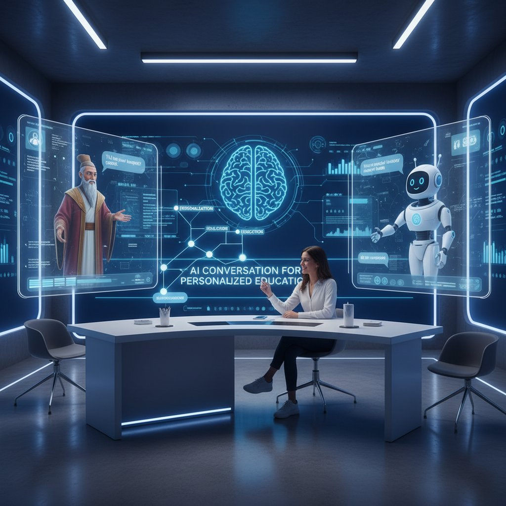 Nowoczesne studio z avatarami AI prowadzącymi rozmowę edukacyjną, motyw personalizacji