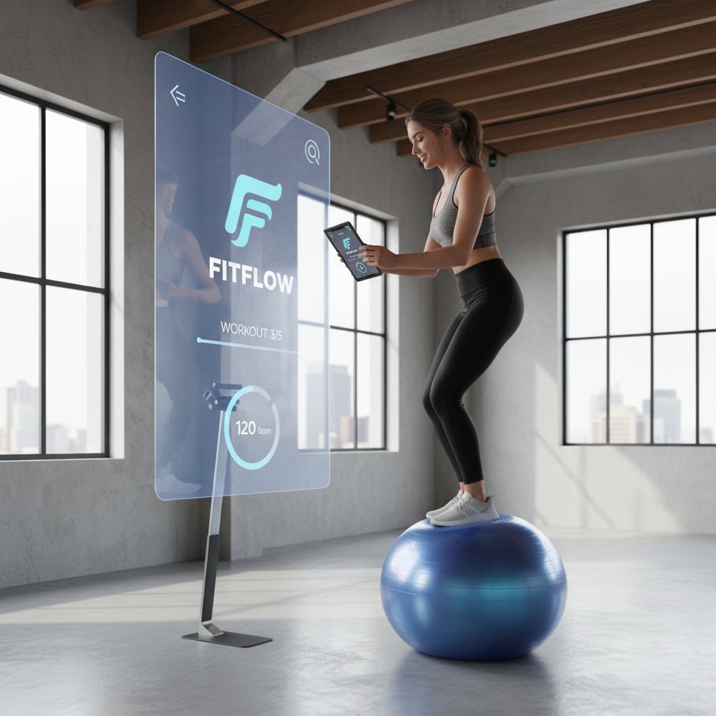 Nowoczesne studio, osoba używa piłki fitness z aplikacją mobilną