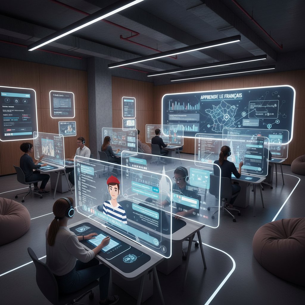 Nowoczesne studio z uczniami korzystającymi z AI do nauki francuskiego, interaktywne ekrany