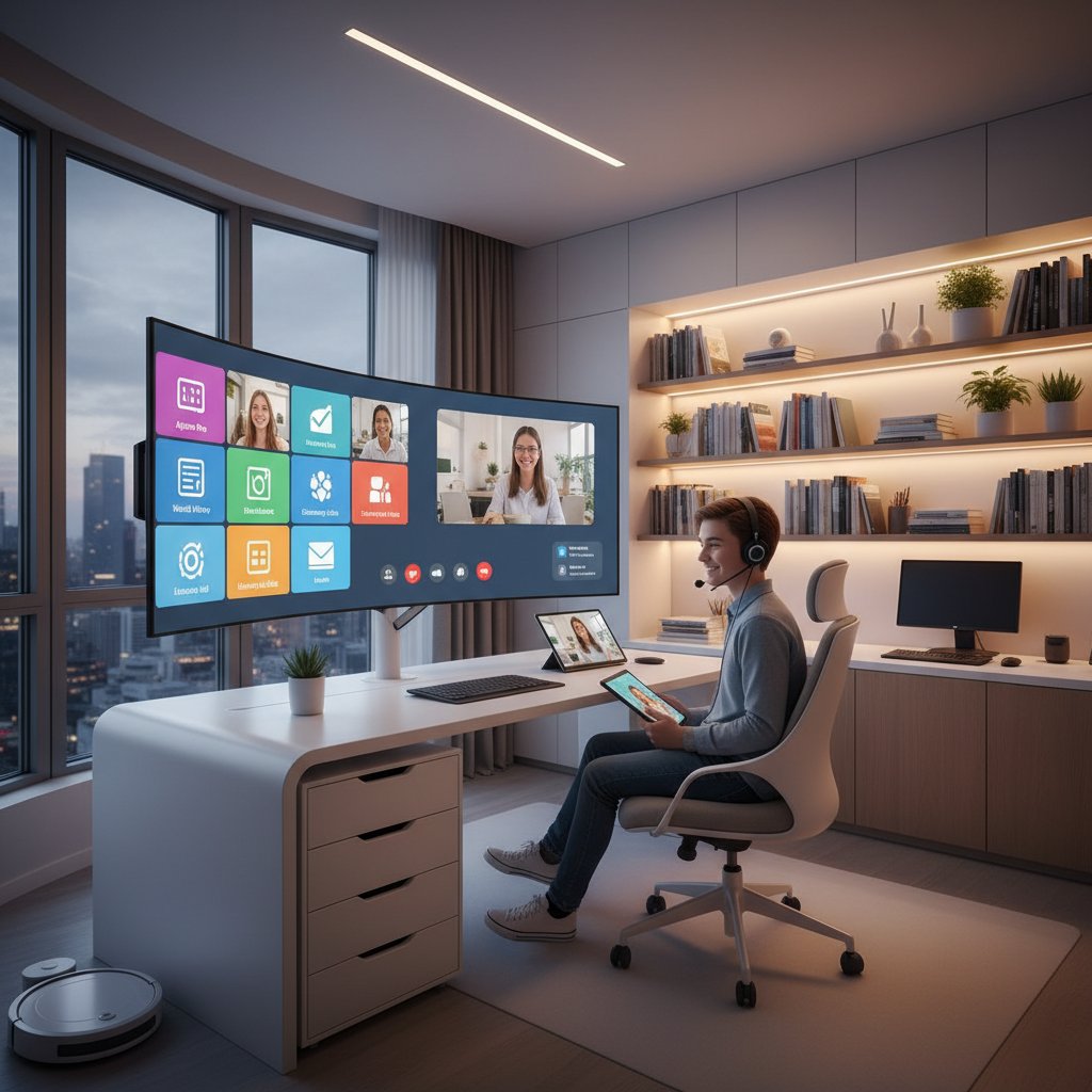 Nowoczesny pokój do nauki online, widoczne ekrany z interaktywnymi aplikacjami edukacyjnymi, licealista w trakcie lekcji, słuchawki