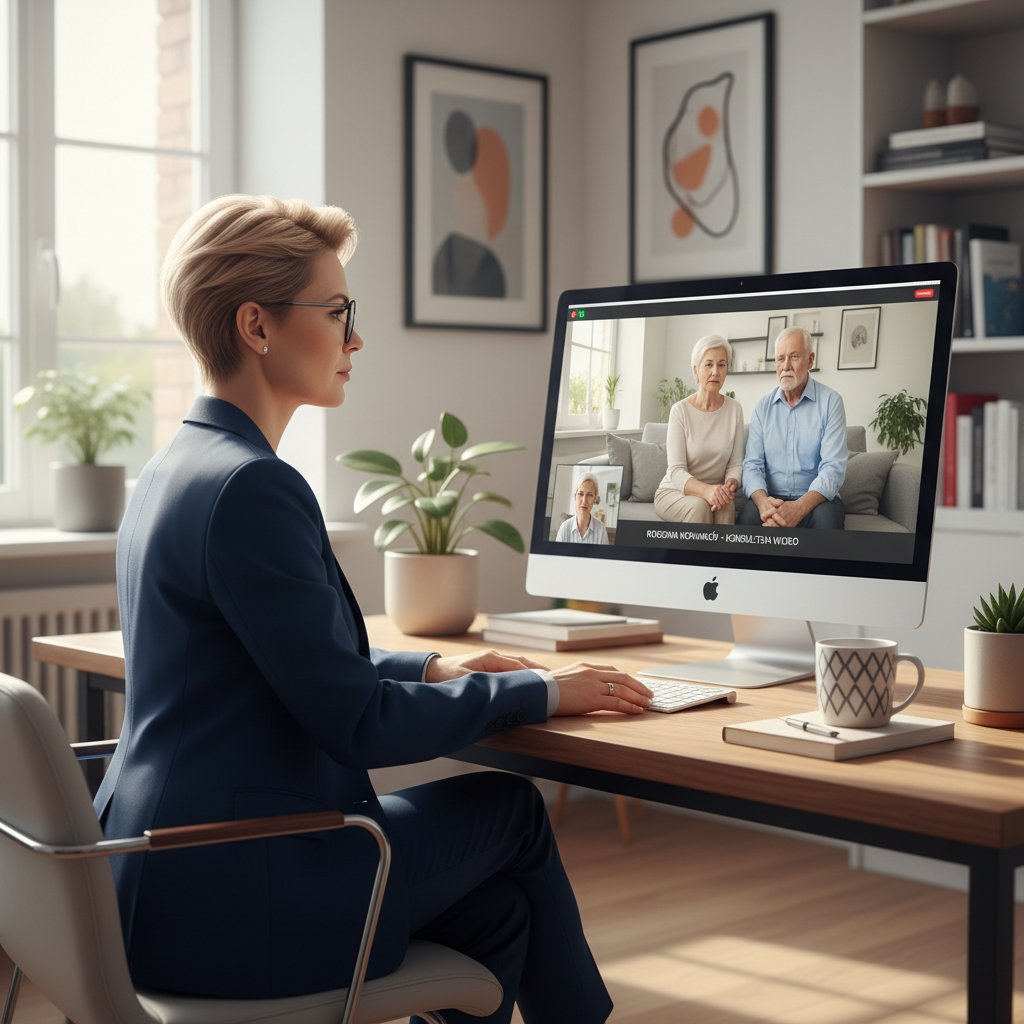 Lekarz rodzinny prowadzący e-wizytę – wideokonsultacja, komputer, domowe biuro, naturalne światło