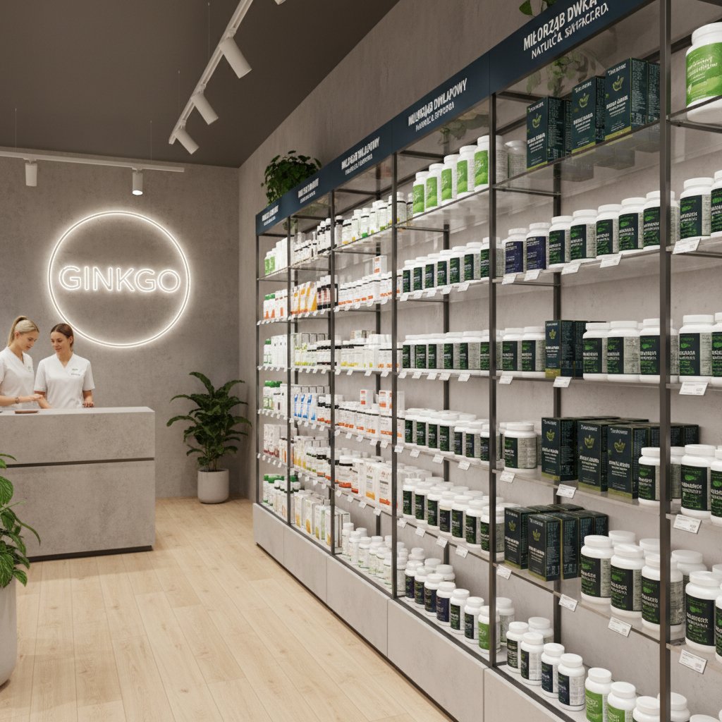Nowoczesny sklep z suplementami, półki z produktami ginkgo, etykiety w języku polskim