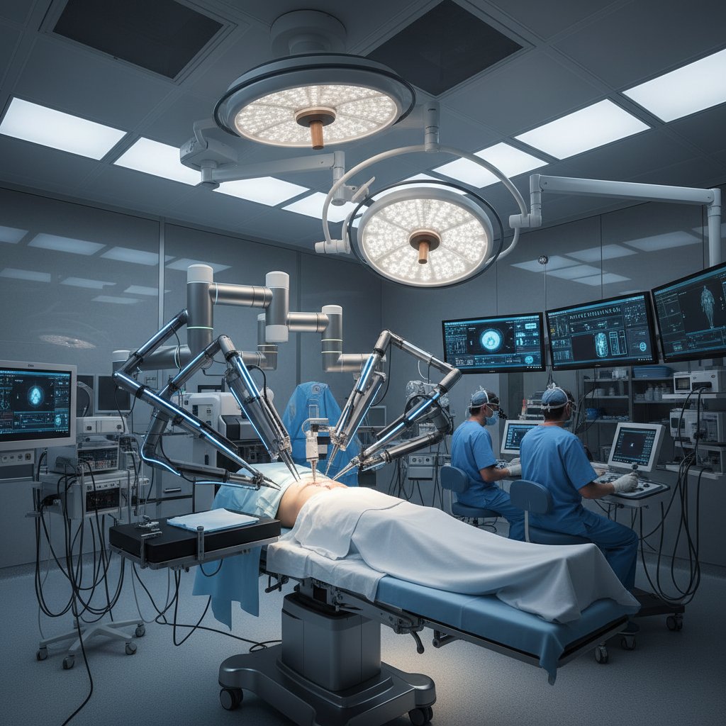 Nowoczesny model robota chirurgicznego w oświetlonej sali operacyjnej