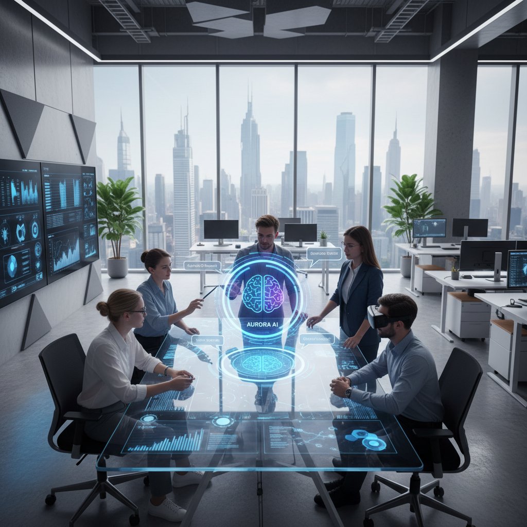 Nowoczesny zespół w biurze na tle interfejsu chatbota AI, cyfrowe efekty, praca zespołowa