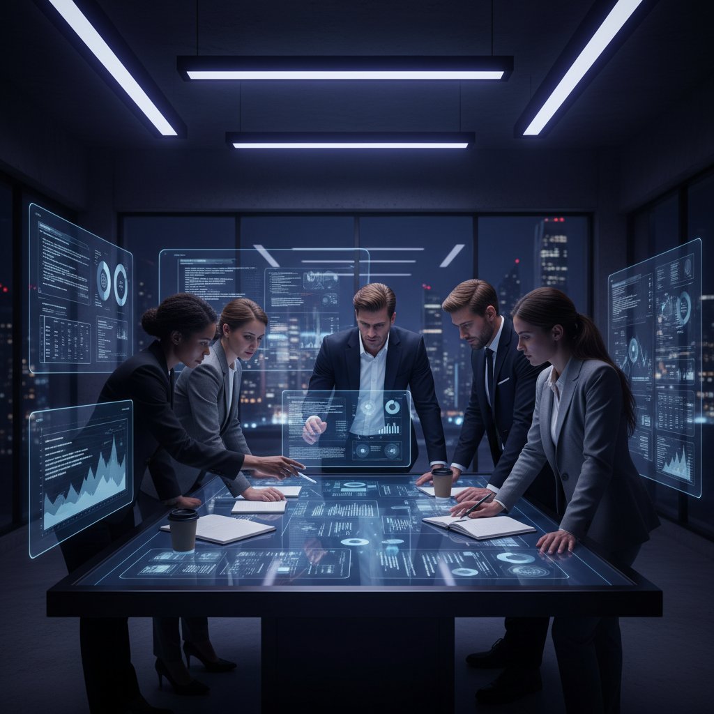 Nowoczesny zespół analizuje dane na ekranach w ciemnym biurze, automatyczna analiza danych biznesowych