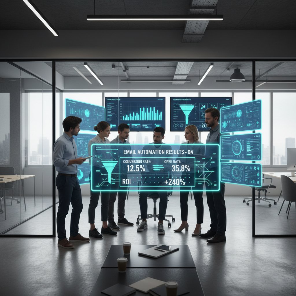 Nowoczesny zespół analizujący wyniki automatyzacji emaili na tle tablicy wyników