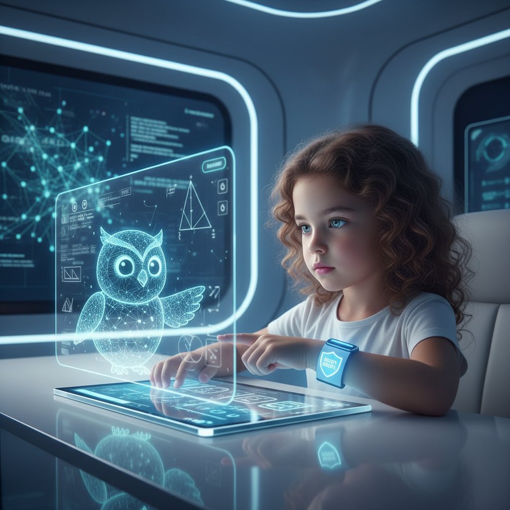 Nowoczesne technologie w nauce matematyki klasa 3 online, dziecko z tabletem, symbole AI, bezpieczeństwo cyfrowe