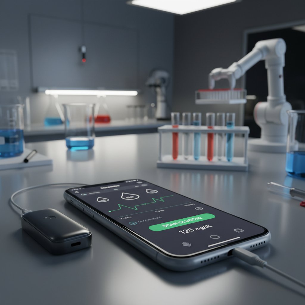 Nowoczesny technologiczny sprzęt do monitorowania glikemii, smartfon, aplikacja, laboratorium