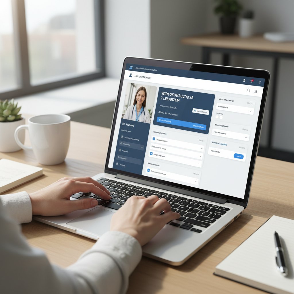 Interfejs telemedycyny na laptopie, dłonie przy klawiaturze, polskie napisy, cyfrowa rejestracja na wizytę