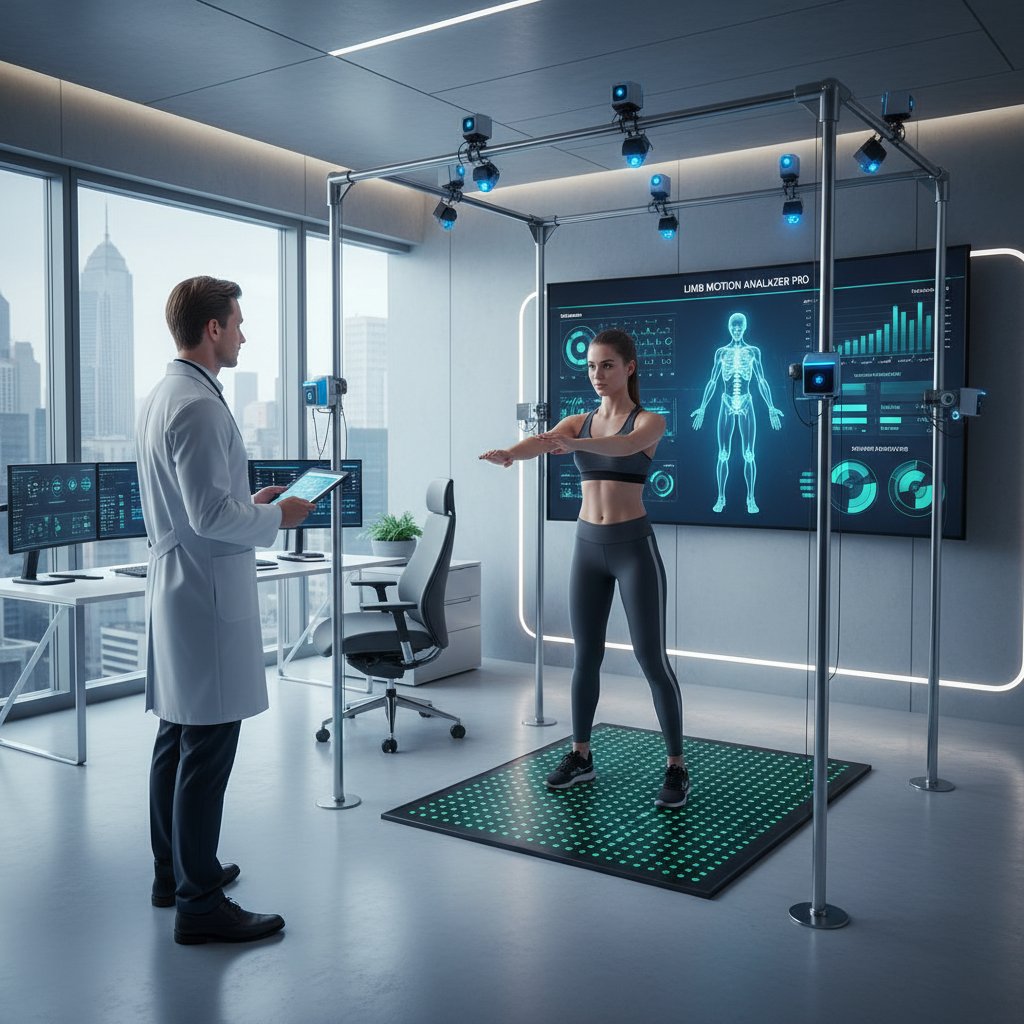Nowoczesny gabinet telemedyczny, lekarz testujący aplikację do analizy ruchu kończyny