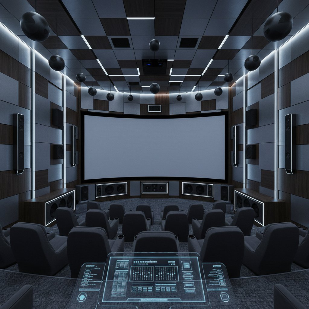 Auditorium showing advanced surround sound speaker layout in a modern movie theater