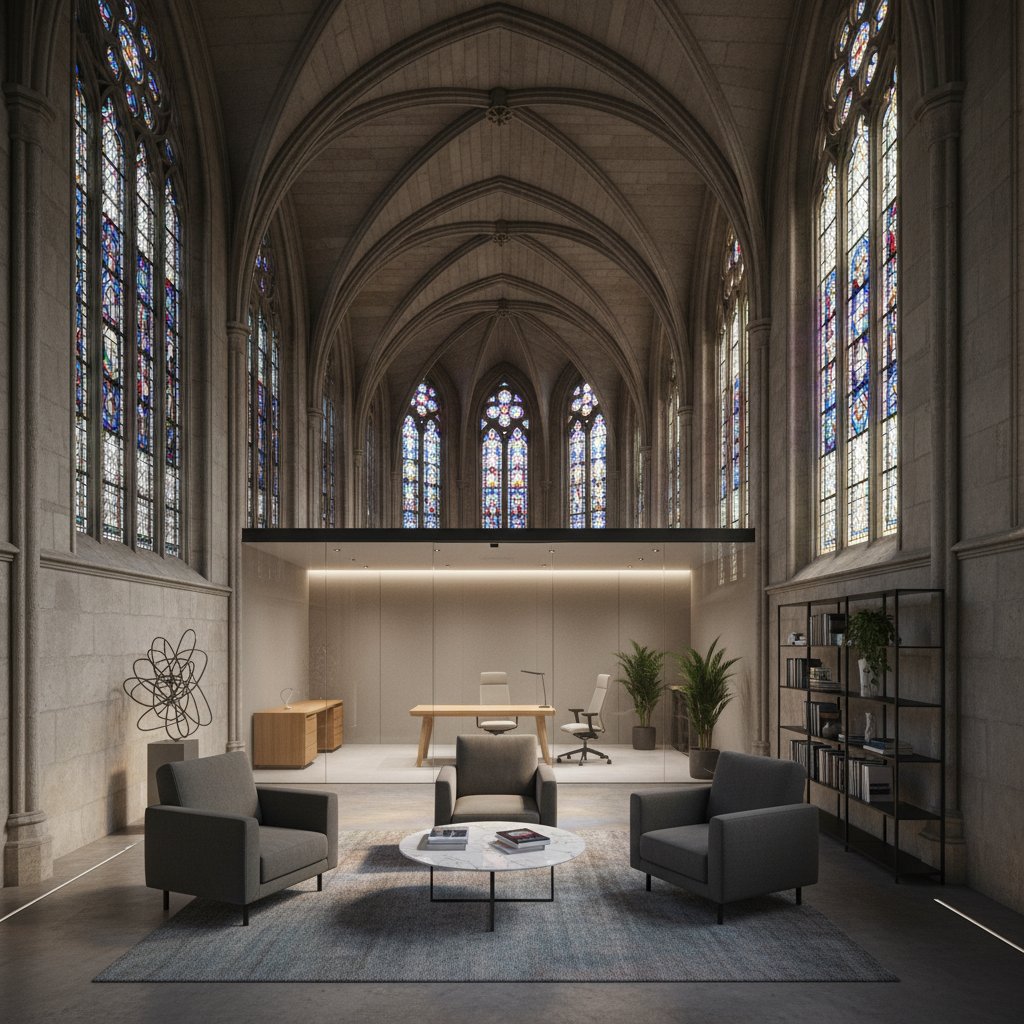 Ilustracja: Wnętrze nowoczesnego gabinetu terapeutycznego na tle kościelnych witraży – symbol napięcia między psychoterapią a religią w Polsce