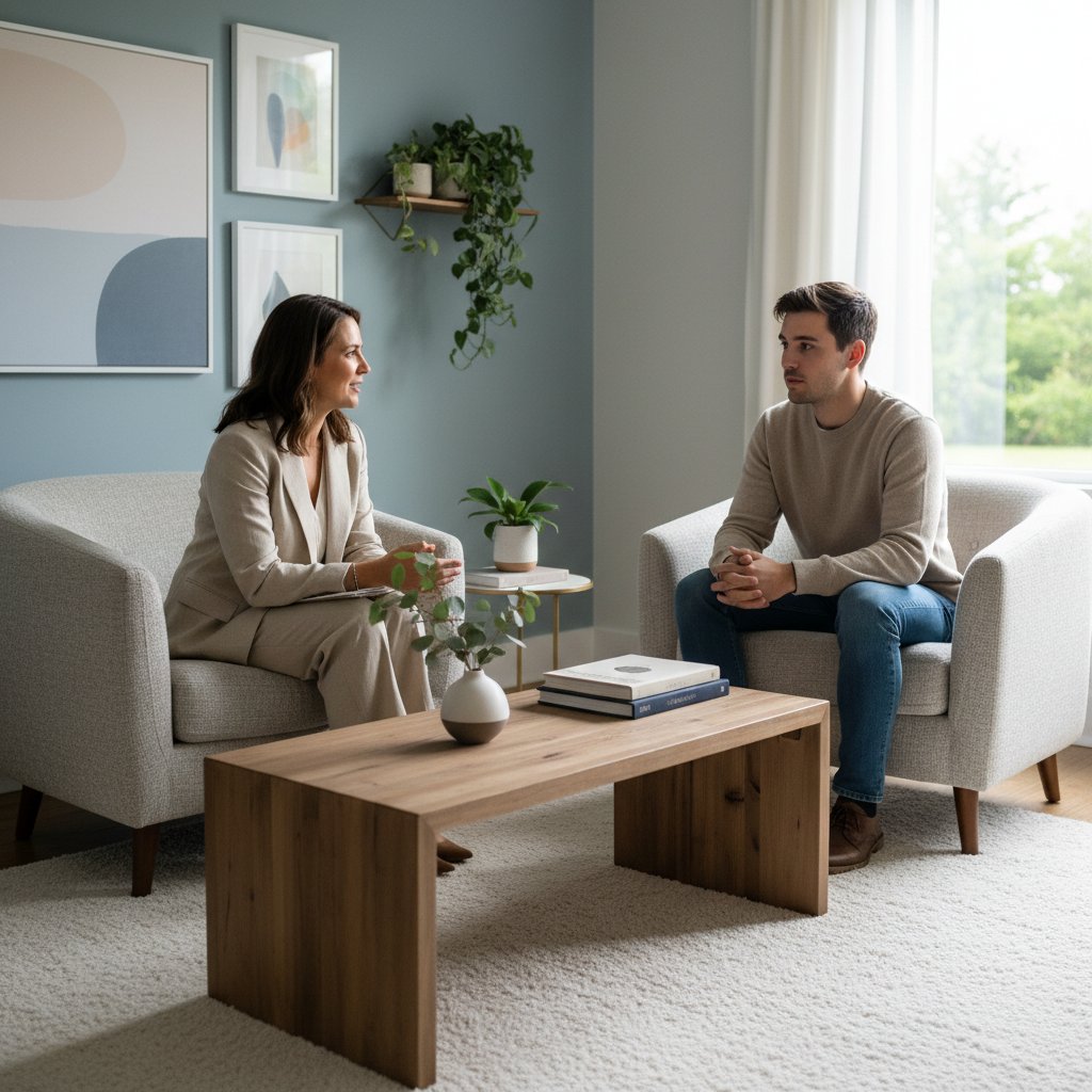 Nowoczesne studio terapeutyczne w Warszawie, dwie osoby naprzeciw siebie, atmosfera skupienia i autentyczności